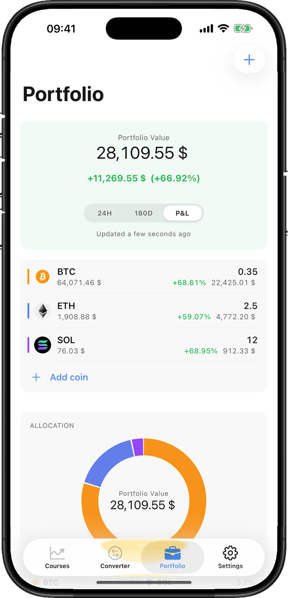 The cryptoc portfolio screen showing total value, profit and loss, a coin list and an allocation chart.