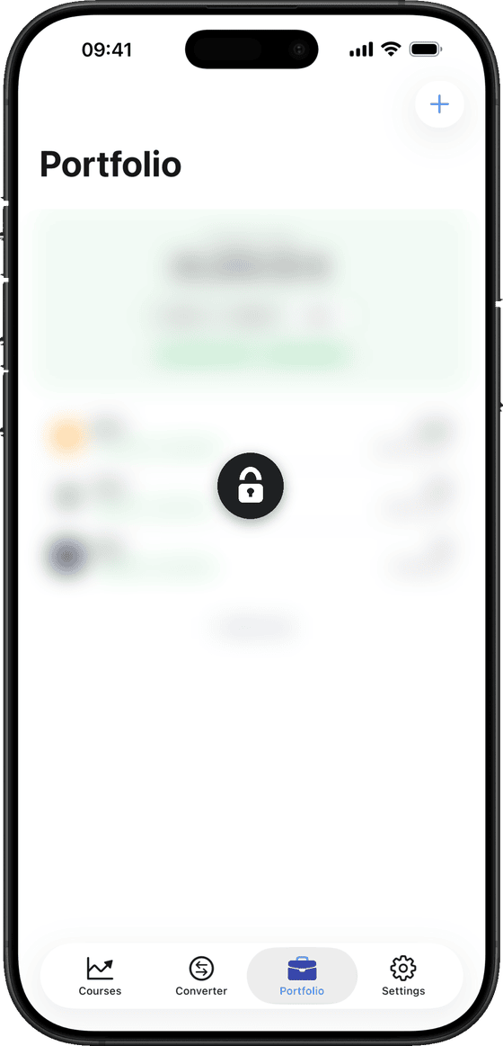 The cryptoc portfolio screen blurred behind a lock icon, showing the Face ID lock state.