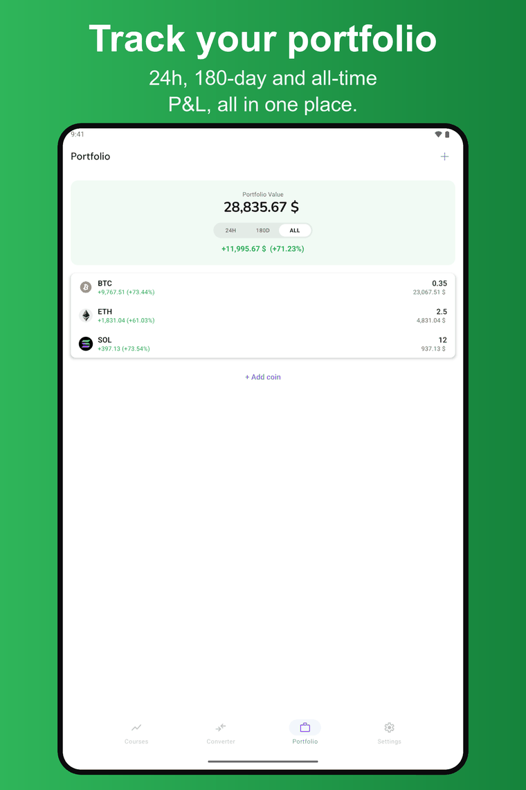 The cryptoc portfolio on an Android tablet.