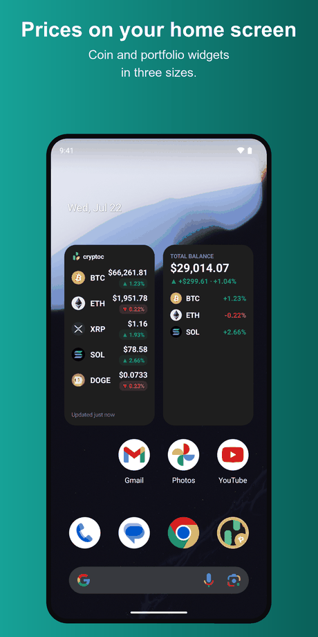 cryptoc widgets on an Android home screen.