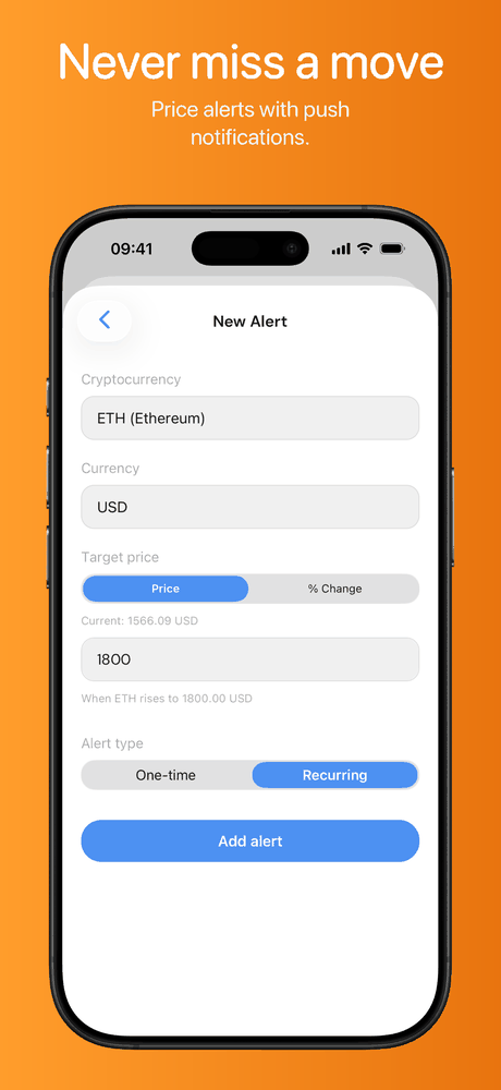 Price alerts set on individual coins with target prices.