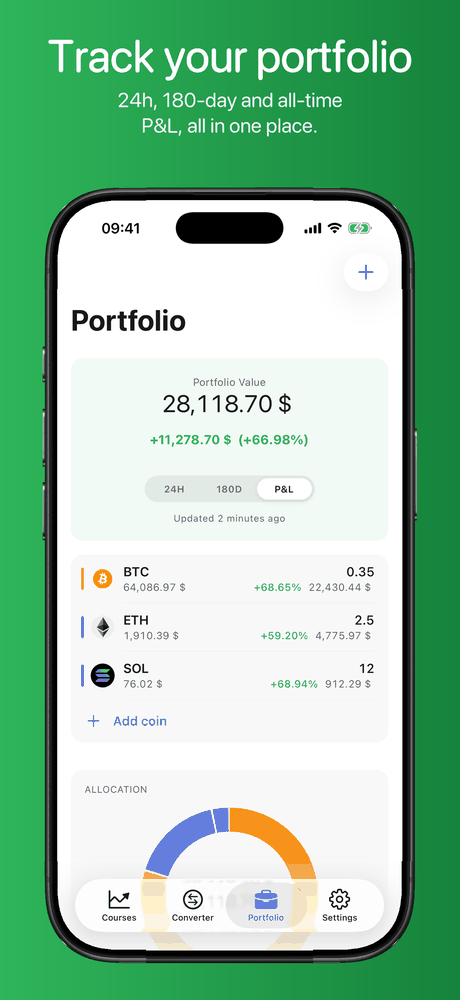 The portfolio screen with total value, 24h, 180-day and all-time P&L, a coin list and an allocation chart.