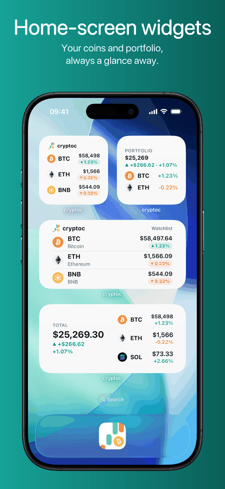 Home screen and lock screen widgets showing Bitcoin, Ethereum and BNB prices and total portfolio value.