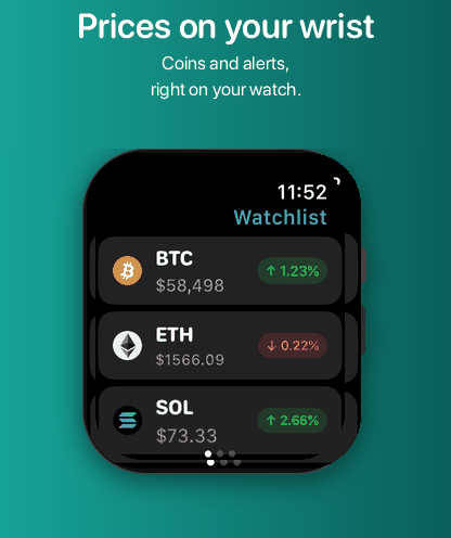 Coin prices on an Apple Watch.
