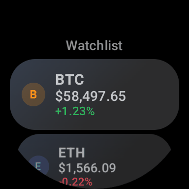 Coin prices on a Wear OS watch.
